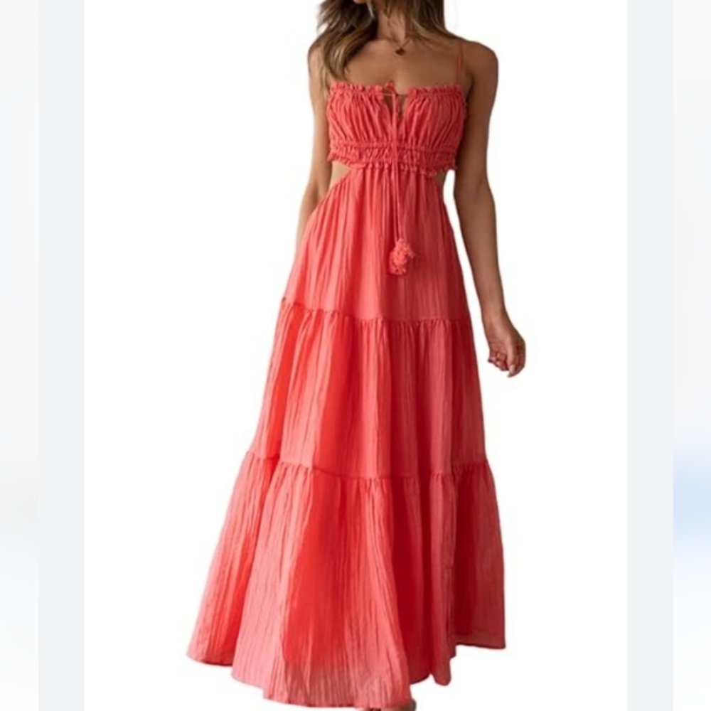 Women Spaghetti Strap Long Dress V Neck Sexy Backless Tiered Ruffle